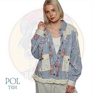 T424 POL Blue White Striped Floral Paisley Lace Edge Jacket